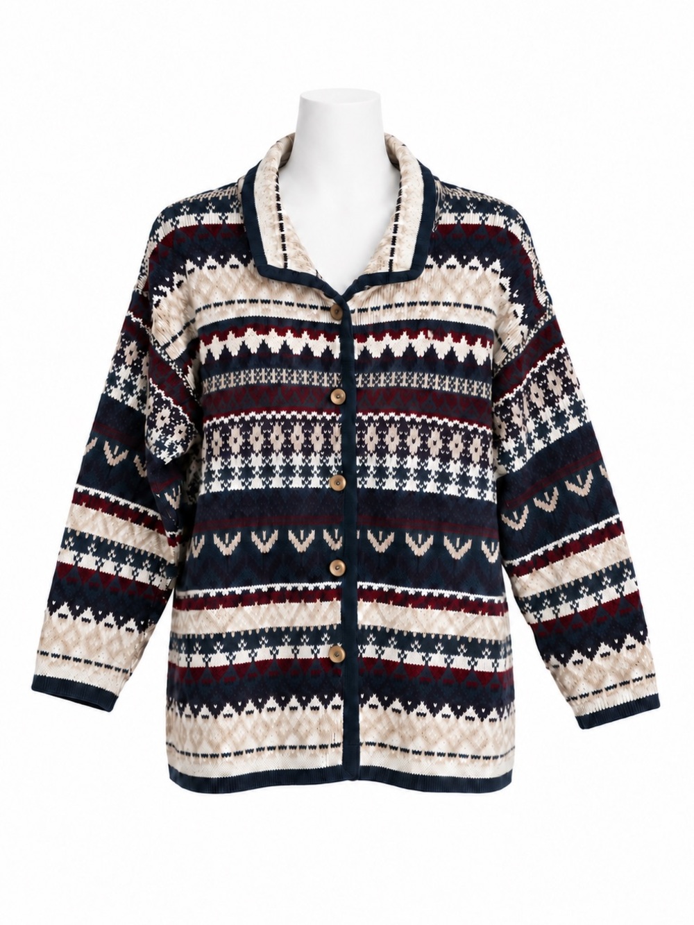 Size XL Easywear Women’s Vintage Fair Isle Cardigan Navy Cream Button Front